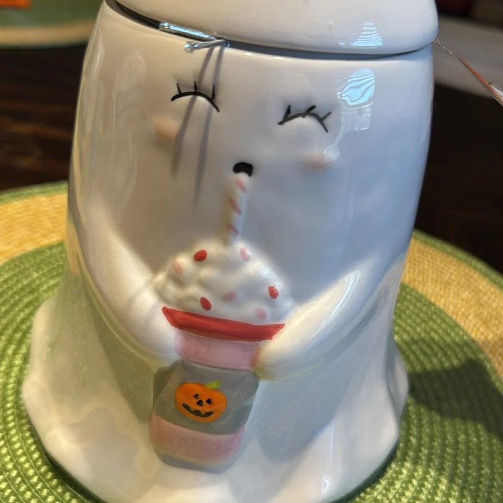White cute Halloween Ghost Ceramic cookie Jar with Straw Design - Picture 2 of 6